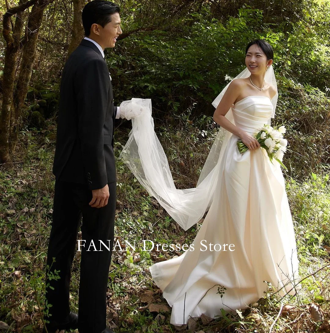 

FANAN Korea Ivory Satin Corset Wedding Dresses 웨딩드레스 Custom Made A-Line Strapless Sleeveless Bride Gowns Plus Size