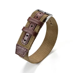Black Khaki Army Genuine Leather and Nylon Weave Canvas Sport Watch Band Bracelet with Pin Buckle, 20mm or 22mm Strap Size - 22mm (Brown)