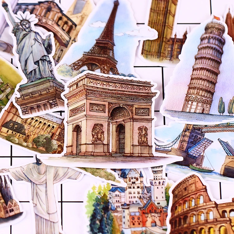 Decorative Stickers Self Adhesive Stickers Stationery Stickers Paper Stickers Adhesive Stickers Decorative Labels Stickers Handbook Stickers DIY Scrapbooking Accessories 15 PCS Vintage diary European architecture Scrapbooking Stickers