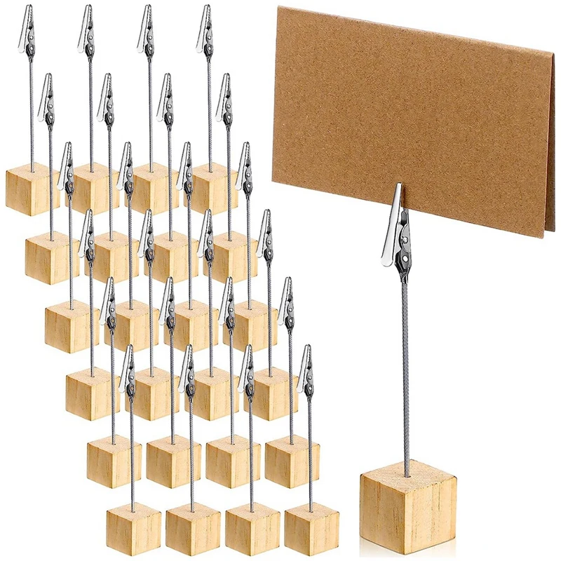 

24 Pcs Rustic Wooden Table Number Holders Place Number Holder Stand + Memo Clips And Kraft Cards Wood Picture Stands