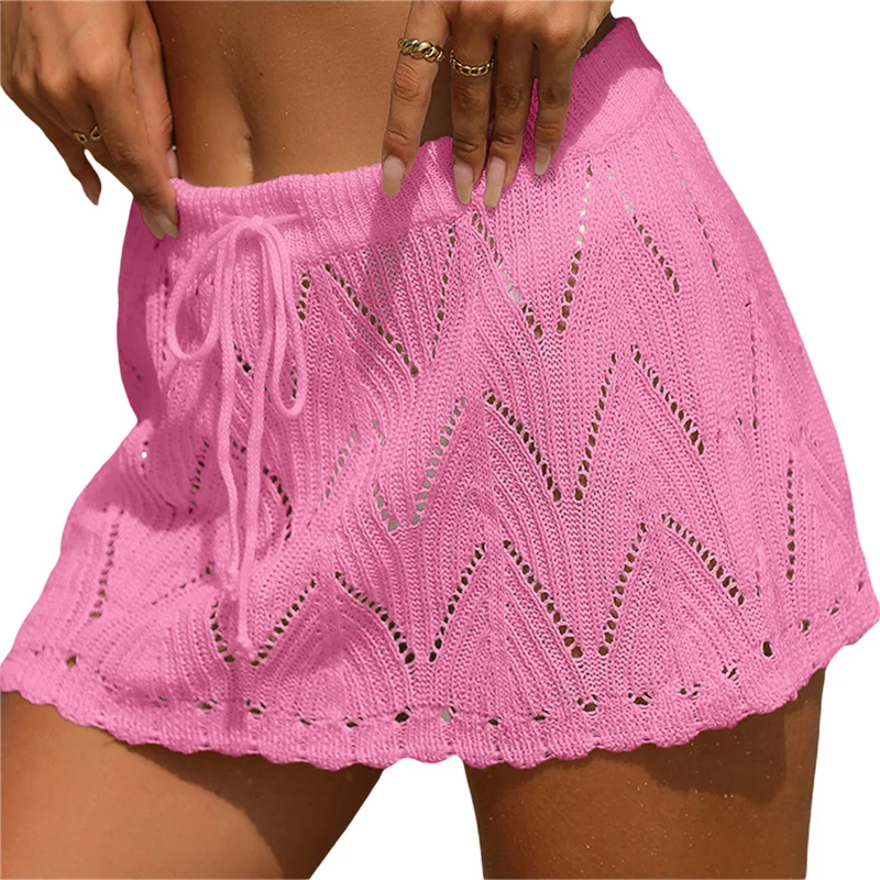 Falda de playa para mujer, de verano, de color liso, con cordón, de cintura alta, de punto, minifalda, traje de baño informal