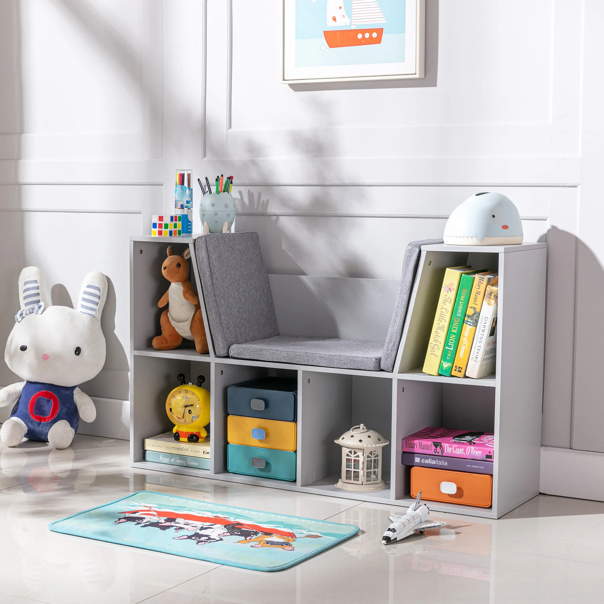 Kids Cube Organizer with Lounge Chair and Large Cube Shelving, Grey 2
