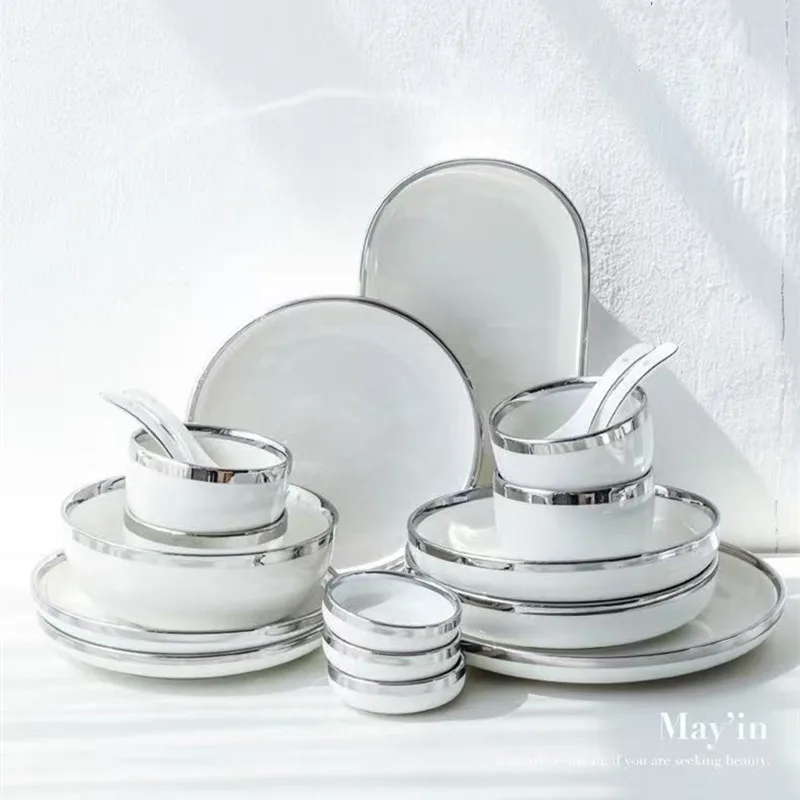Bright White Ceramic Plates With Silver Rim Steak Serving Plate Bowls Ins Dinner Dish Porcelain Dinnerware Set For Family Hotel