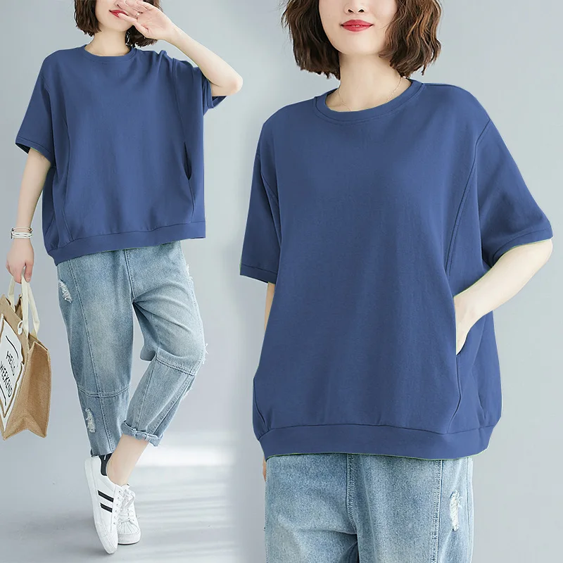 Damen-T-Shirt mit Rundhalsausschnitt, Sommer, lässig, einfarbig, bequem, geeignet für Zuhause, Hundespaziergänge, Unkrautjäten, Sport, Yoga, Laufen