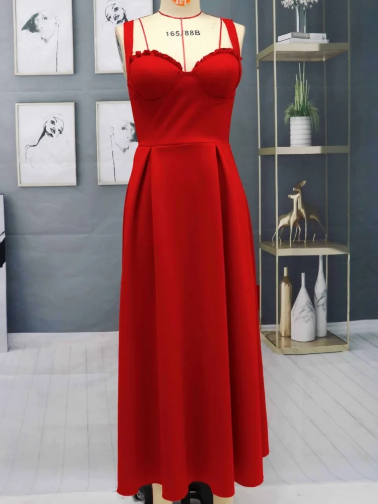 Women's Formal Wrap Red Midi Dress V Neck Sleeveless Summer Ladies Elegant Sexy Strap Evening Cocktail Party Gown Ceremony Dress