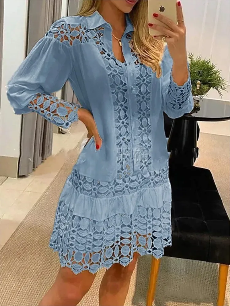Spring-Summer-New-Long-Sleeve-For-Women-s-Dresses-Solid-Color-Lace ...