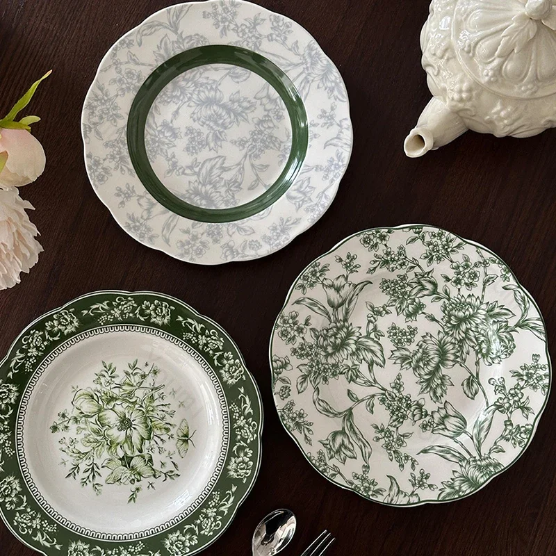 Vintage Relief Ceramic Plate Green Creative Flower Dining Plates Household Delicious Dishes Trays Exquisite Soup Bowls Tableware