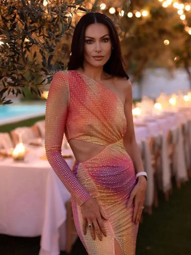 

Women Sexy Rhinestone Colorful Midi Dress Elegant Hollow Slit Oblique shoulder Long Sleeves Dress Bodycon Birthday Party Vestido