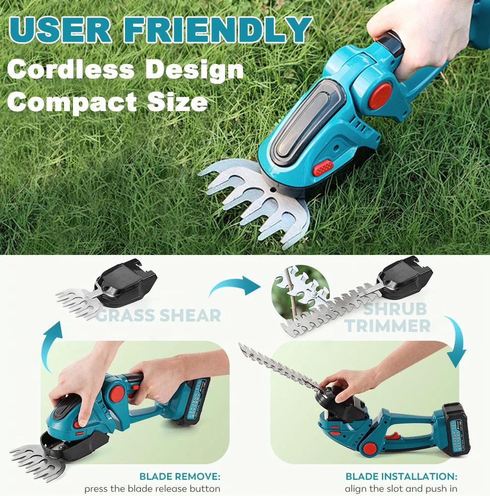 2 IN 1 Cordless Electric Hedge Trimmer Rechargeable Handheld Household Shrub Weeding Pruning Mower Garden Tools 4