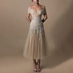 Fashion Lace Appliques Prom Dress Chic Off the Shoulder A-Line Princess Dress Sleeveless Ankle-Length Women Party Evening Dress
