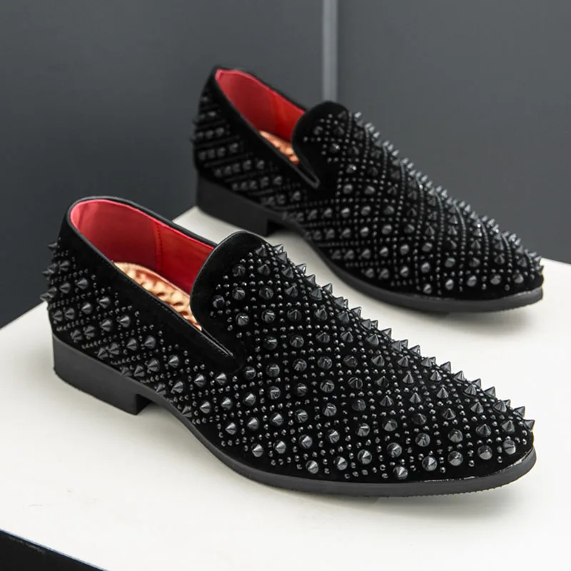 New Black Rivet Rhinestones Pointed Slip On Shoes Men Designer