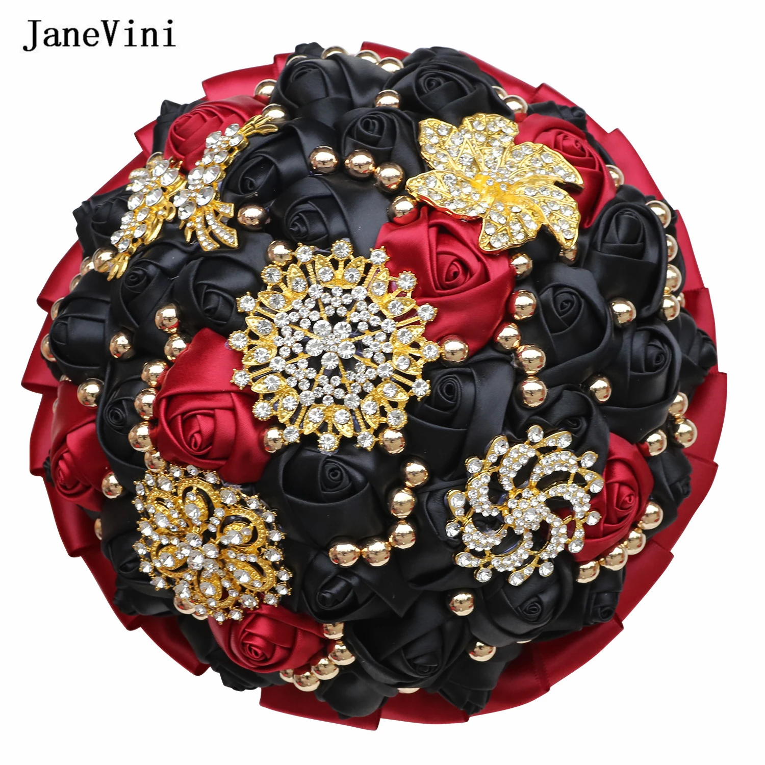 Wedding Bouquets JaneVini Stunning Light Gold&Red Flowers Luxury Bridal Bouquets Gold Jewelry Handmade Satin Roses Wedding Fake Bouquet Customize