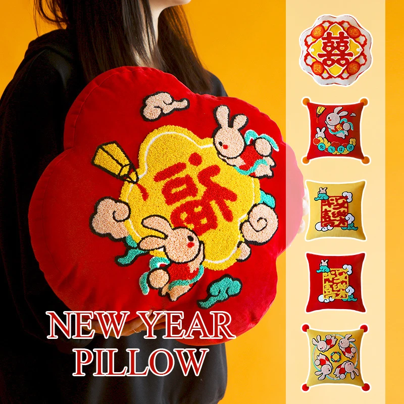 

Chinese Style Rabbit Year Decor Cushion Velvet Tufted Rabbit Embroidered Cushion With Fillings Chinese Double Happiness Pillow