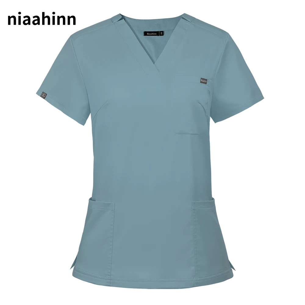 

8Colors Solid Vneck Pocket Scrub Shirt Hospital Uniform Women Men Scrub Blouse Surgical Clothes Joggers Top Medical Accessories