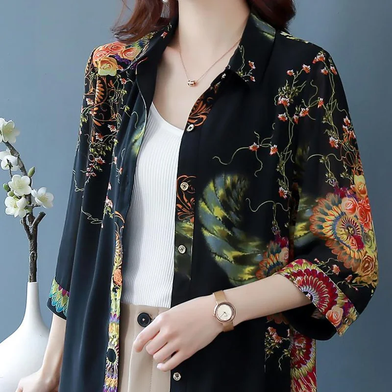Summer New POLO Collar Fashion Three Quarter Shirt Women High Street Casual Loose Button Cardigan Printing Mid-length Blouse