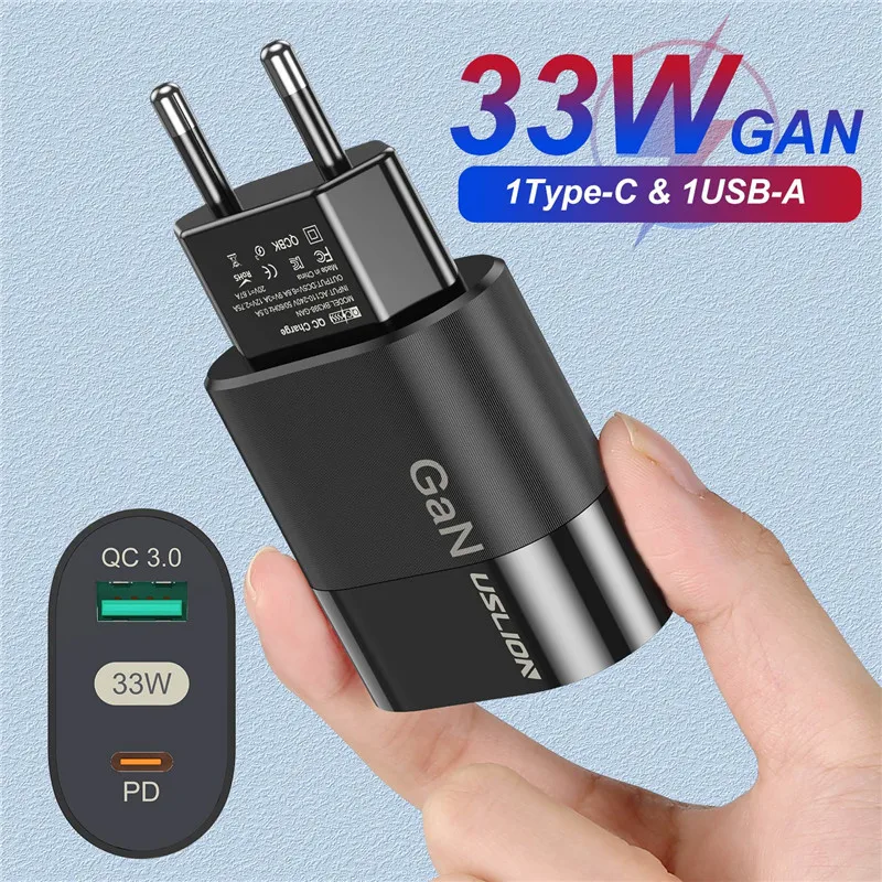 

USLION 33W GAN Fast Phone Charger QC3.0 Quick Charger Mobile Phone USB PD Charging Adapter For iPhone 14 12 13 Huawei Samsung