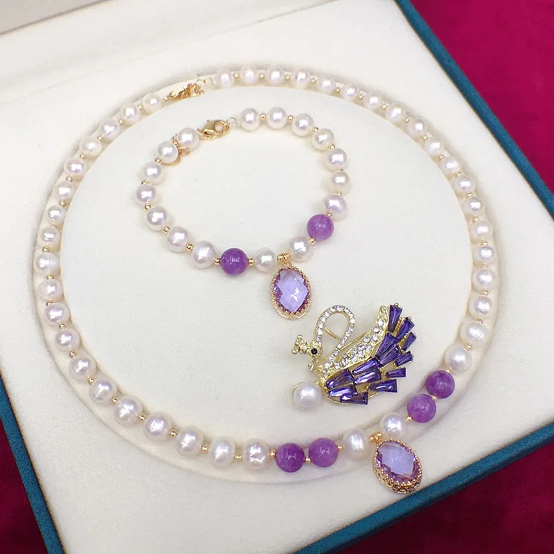 

fashion elegant 3PCS 8-9mm Natural freshwater pearl necklace bracelet Amethyst Swan brooch set for women's jewelry