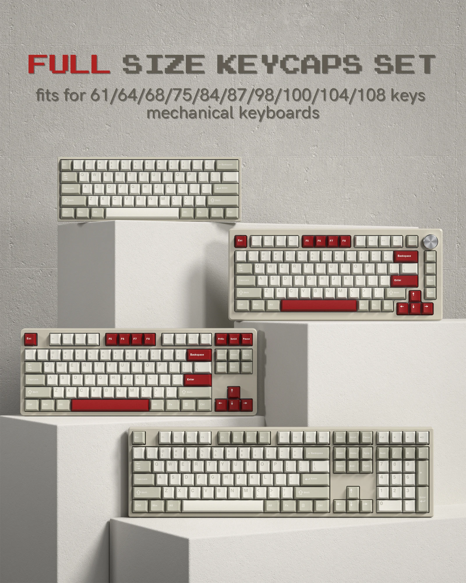 138 Keys Retro White Grey Red PBT Keycap Double Shot Cherry