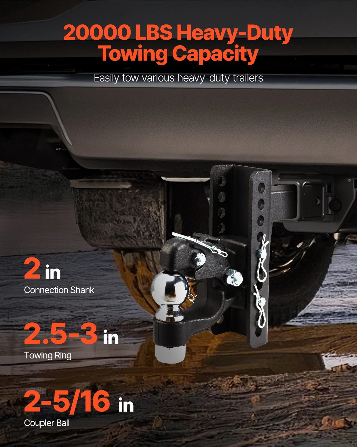 SucceBuy Pintle Hook Hitch 20000Lbs Combination 2in & 2-5/16in Ball Fit 2.5-3in Lunette Ring for 2in Receiver Rvs Trucks