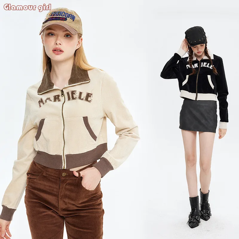 

American retro short standing collar hoodie autumn baseball jacket zipper black varsity cardigan jacket ins spicy girl denim