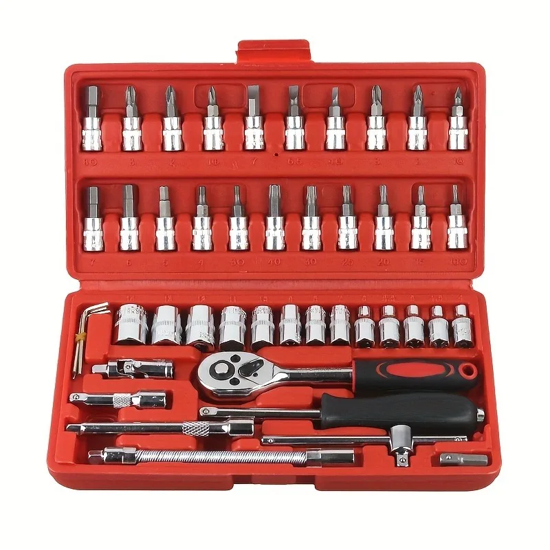 

46pcs Car Repair Tool Kit Ratchet Torque Wrench, Spanner, Screwdriver, Socket Set Combo - Perfect For Bicycle & Auto Repairing