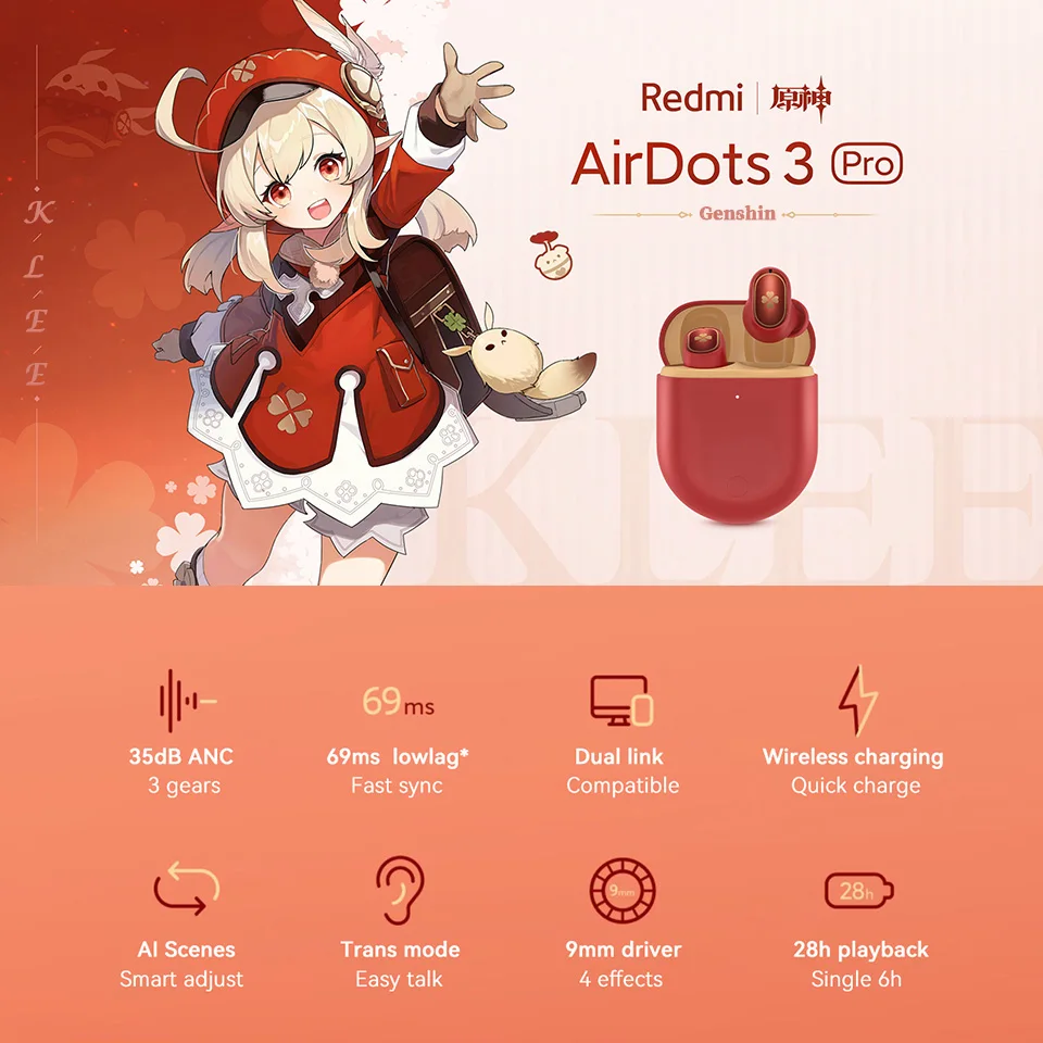 Беспроводные Bluetooth-наушники Genshin Impact Klee Redmi AirDots 3 Pro с шумоподавлением |