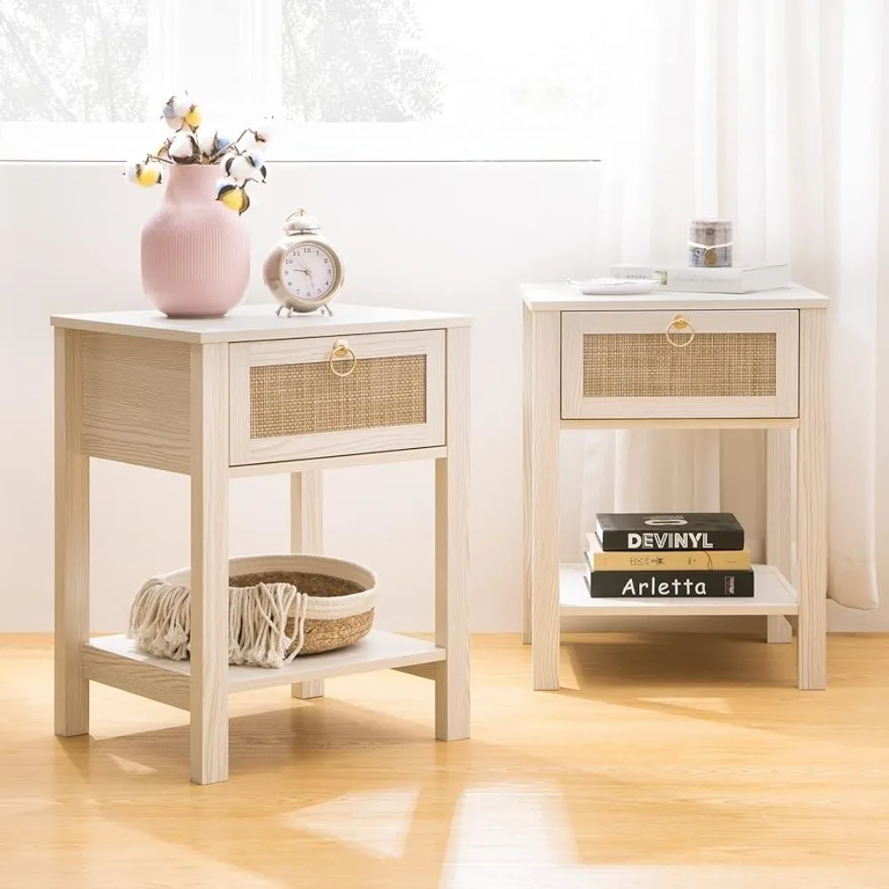 

White Nightstand Set of 2,Rattan Decor Drawer with Brass Knobs Night Stand Wood Bedside Table End Tables Side Tables