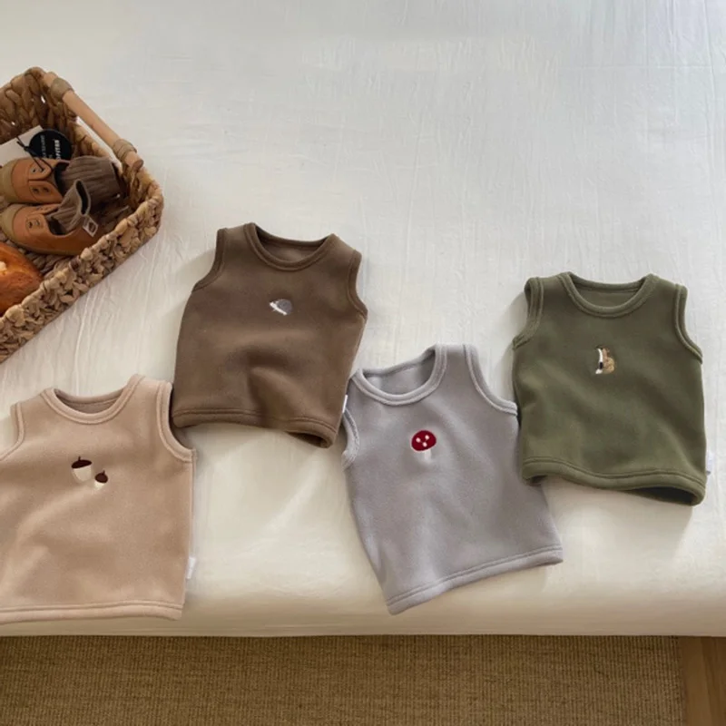 Baby Waistcoat Baby Velvet Autumn Jacket Boy Girls Sleeveless Vest Kids Soft Embroidery Waistcoat Newborn Warm Pullover Cartoon Solid Coat 0-3Y