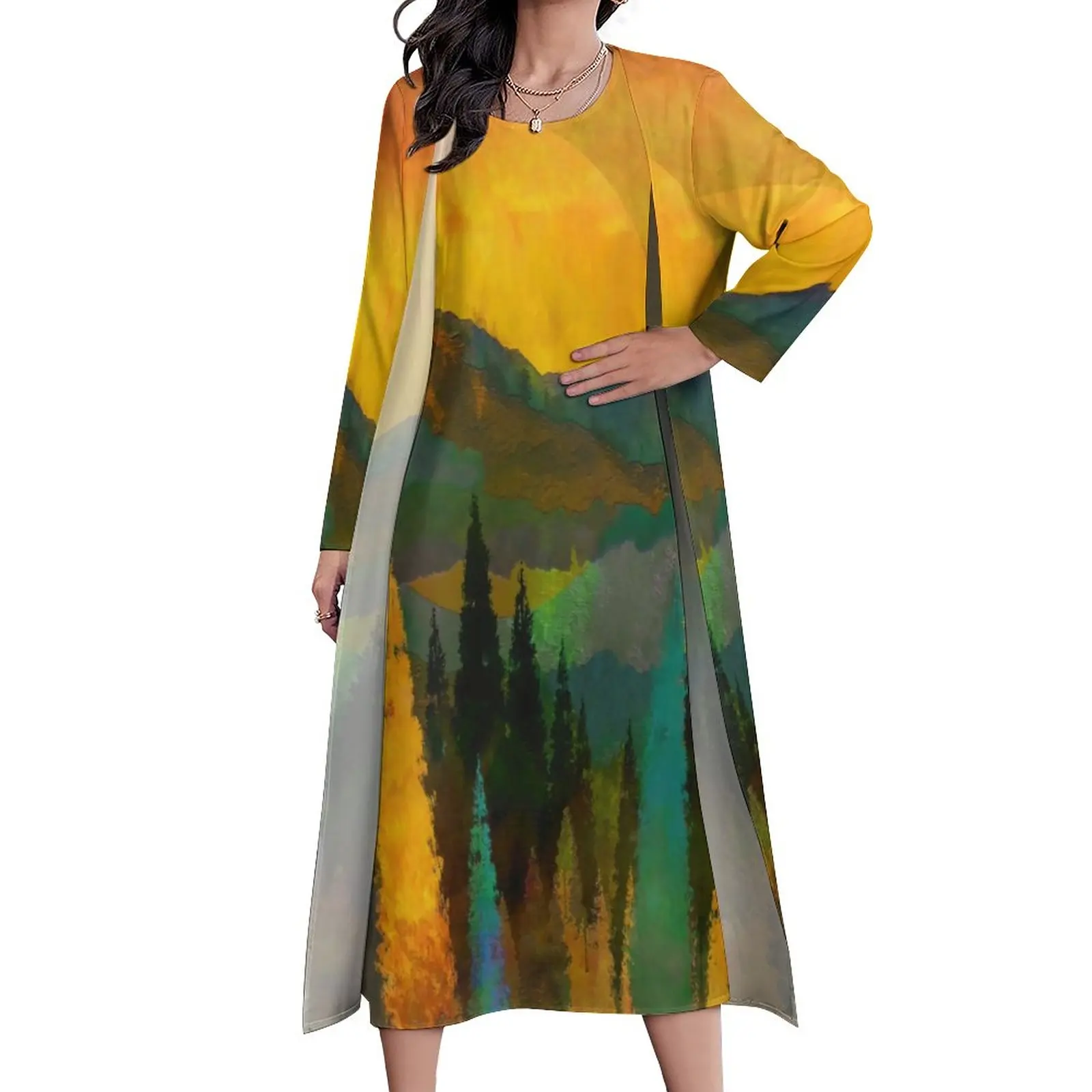 

Trees And Mountains Dress Spring Painting of Abstract Print Street Style Bohemia Long Dresses Lady Graphic Night Club Maxi Dress