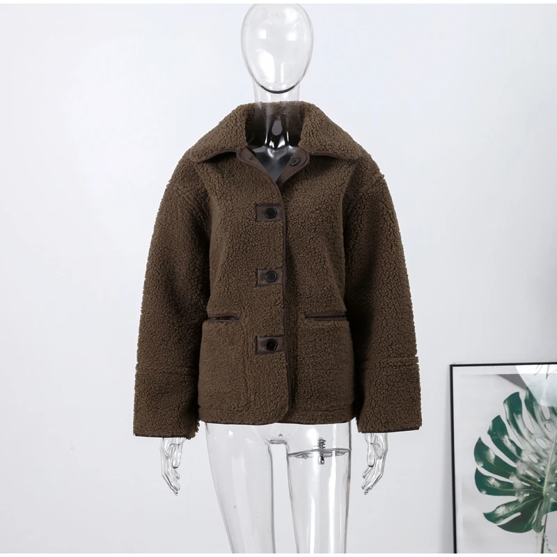 Doppelseitige Damenjacke, Mantel, Umlegekragen, einzelne Knopftasche, weibliche Mäntel, Herbst, elegant, flauschig, kurz, Outwears Damen – Detail 7