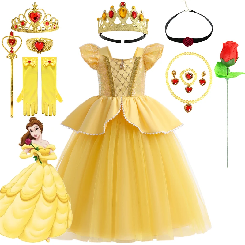 Beauty And The Beast Dress For Girls Disney Clothes Halloween Cosplay Bambini Princess Belle Cenerentola Birthday Party Costume