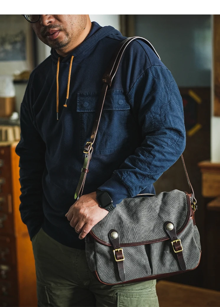 Modische Vintage Casual Luxus Canvas Erste Schicht Leder Herren Messenger-Tasche Business Outdoor Reise Designer Schultertasche – Detail 16
