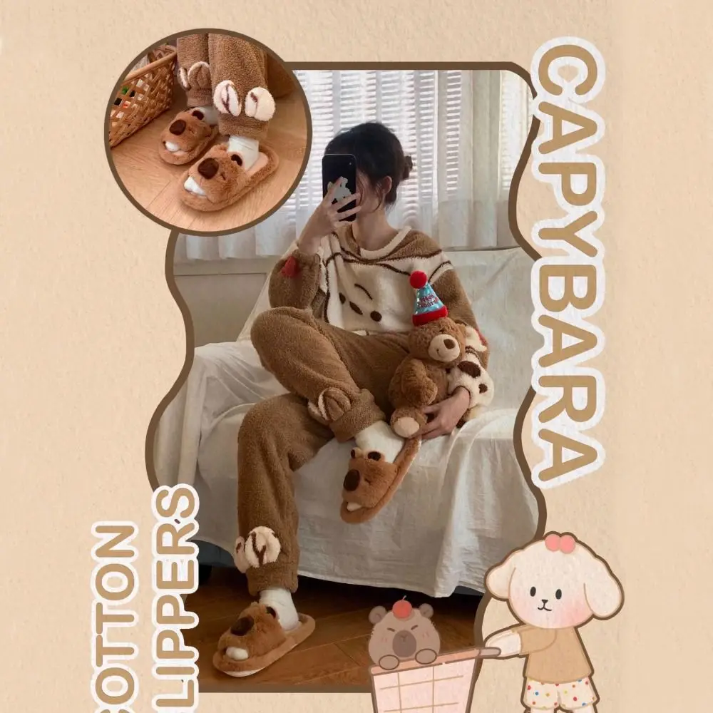 Soft Warm Capybara Slippers Cute Thick Sole Capibara Plush One-line Slippers Silent Non-Slip Winter Fluffy Kapibara Slides