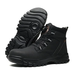 Men's Black Waterproof Steel Toe Work Shoes - Anti-Puncture, Non-Slip, Rotating Button Design - 45 (Black)