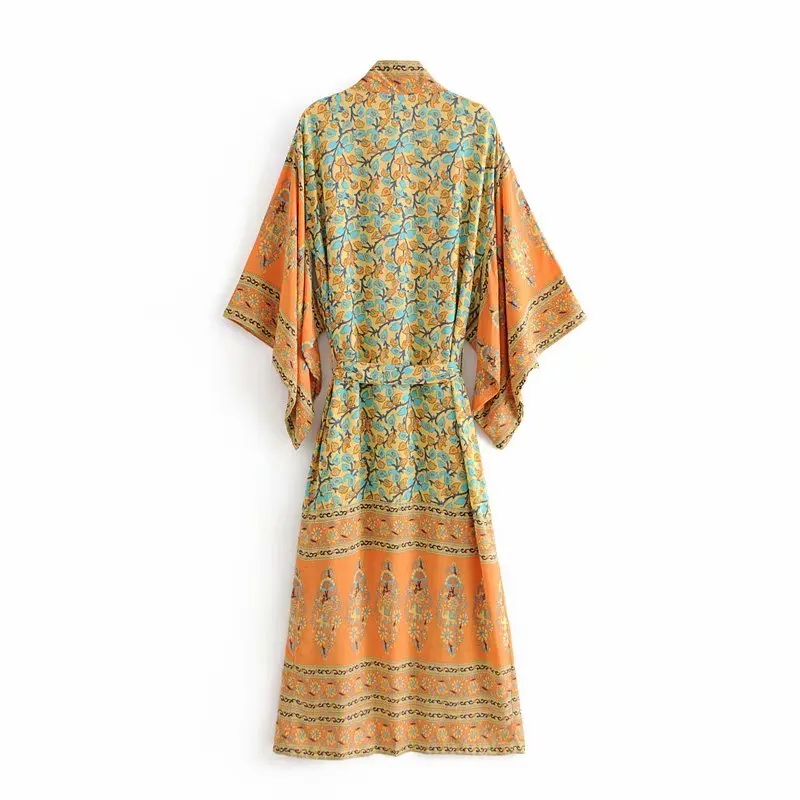 Boho Queens Women Yellow Floral Print Sashes Kimono Ladies V Neck Batwing Sleeves Bohemian Maxi Dress Robe Cover-up