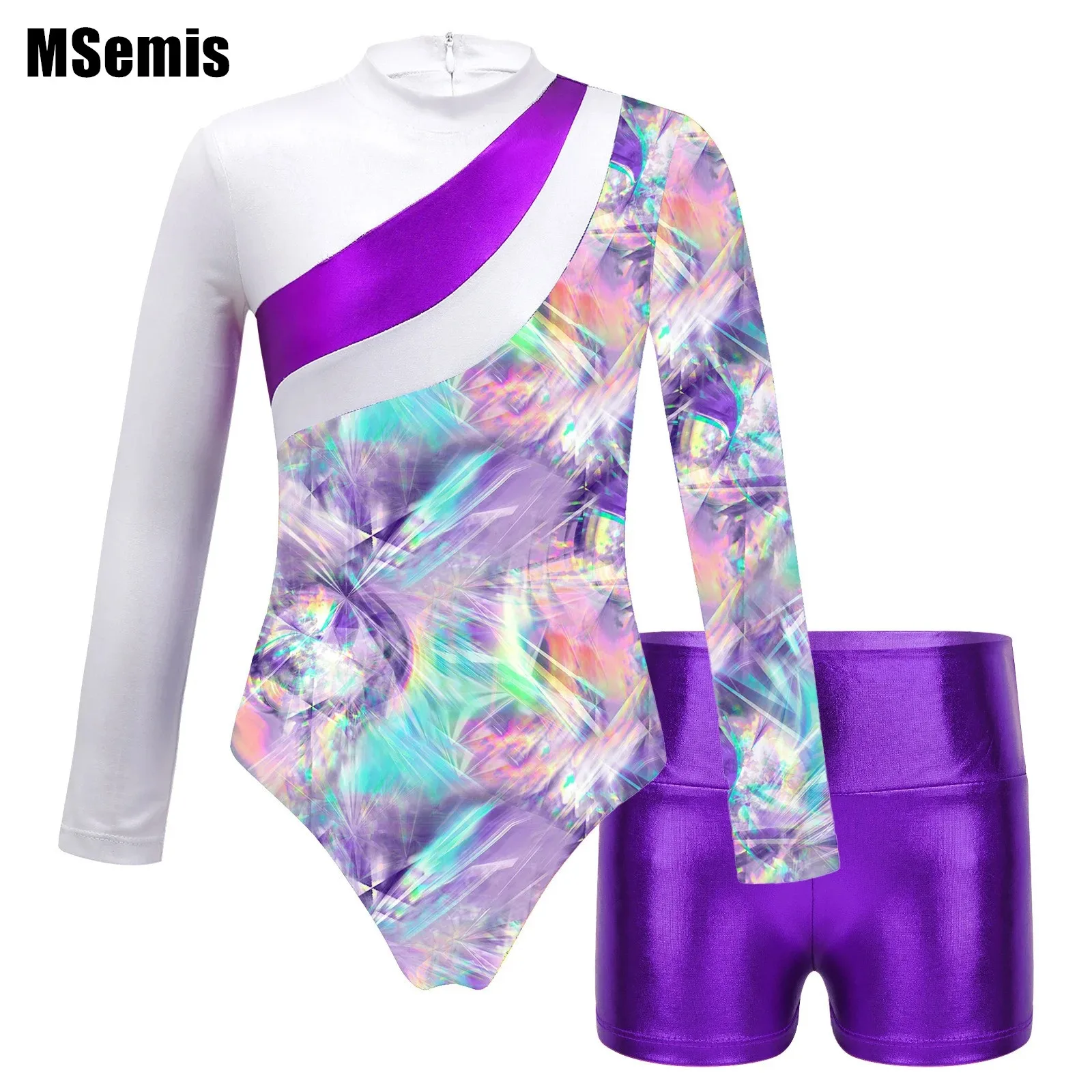 

Kids Girls Gymnastics Dance Sports Set Outfit Color Block Printed Long Sleeve Leotard with Metallic High Waist Shorts
