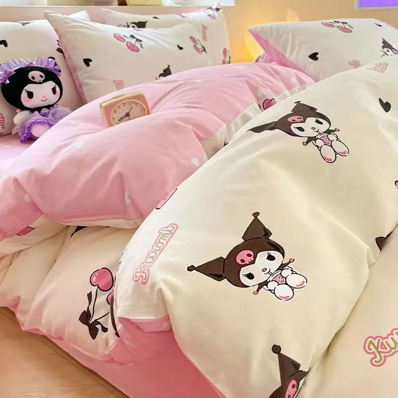 thumbnail image 1 of Juego de ropa de cama de algodón Miniso Sanrio Kuromi, juego de cuatro piezas, Sábana de cubierta de dibujos animados, conjunto de tres piezas para dormitorio de estudiantes, regalos para niñas, 1 of 5