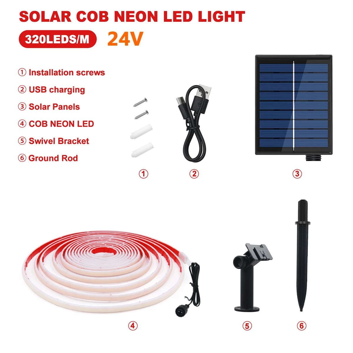 High-Density 24V Solar COB Neon Light Strip - Waterproof Flexible Warm White/Color Options, 320 LEDs/m