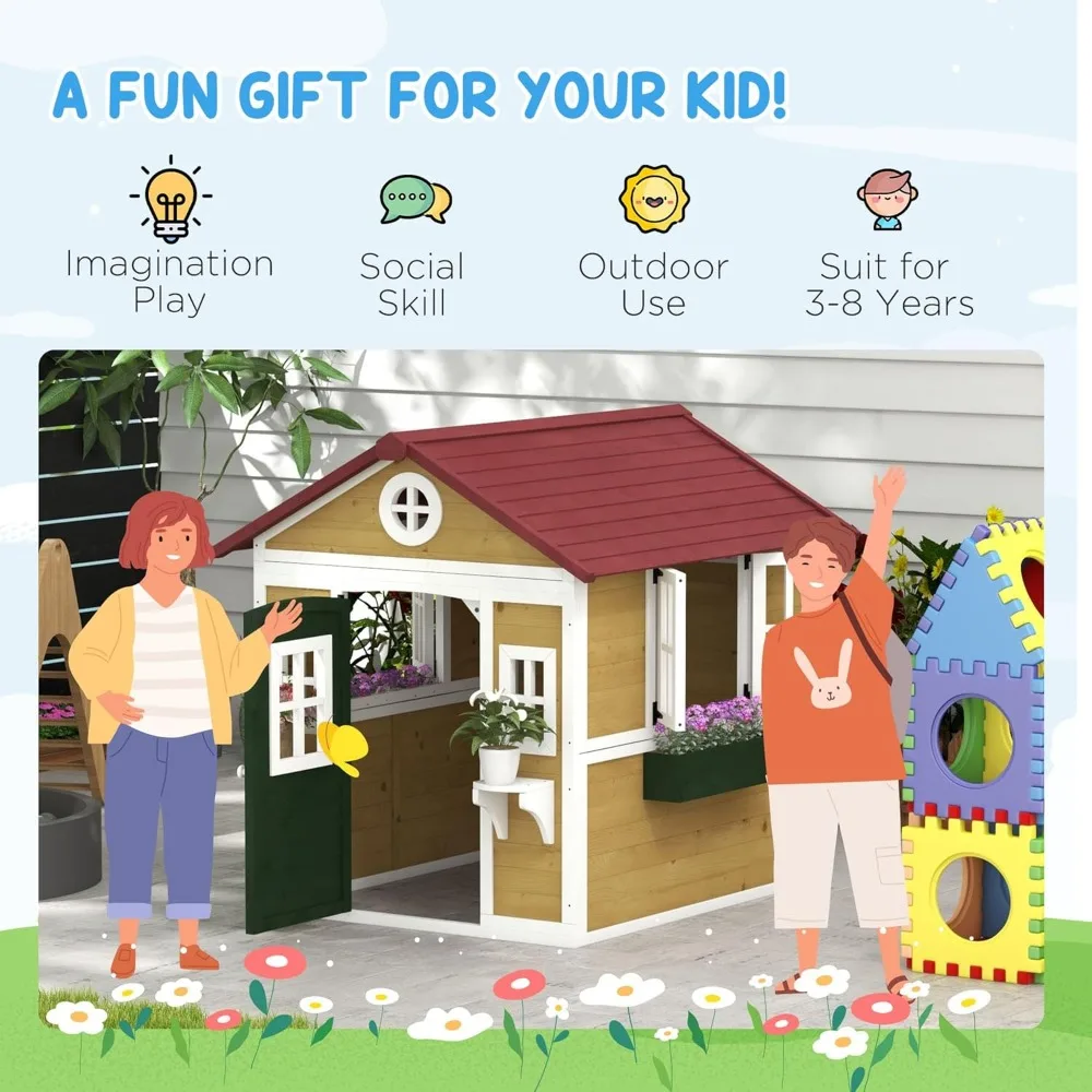 Outsunny Playhouse for Kids Outdoor, Wooden Playhouse with,Planter Pots Boxes for Toddlers 3-8 Years, Cottage Play House 6