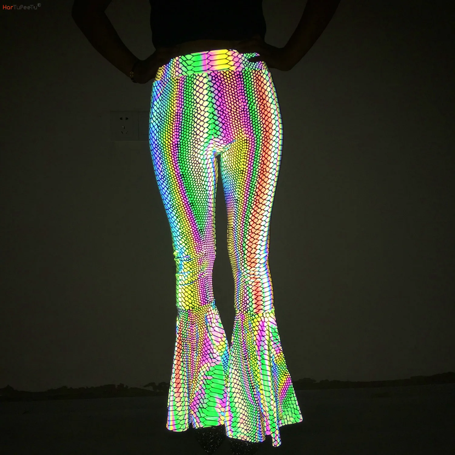 Rainbow Reflective Flare Pants Women Bodycon Elastic Waist Trousers 2023 New Slim Fit High Strecth Dance Clubwear Drop Ship