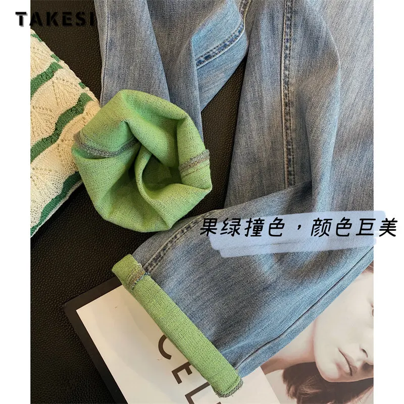 

Vintage Contrast Color High Street Style Blue Straight Jeans Pants Korean Fashion Women's Wide Leg Baggy Y2K Denim Trouser