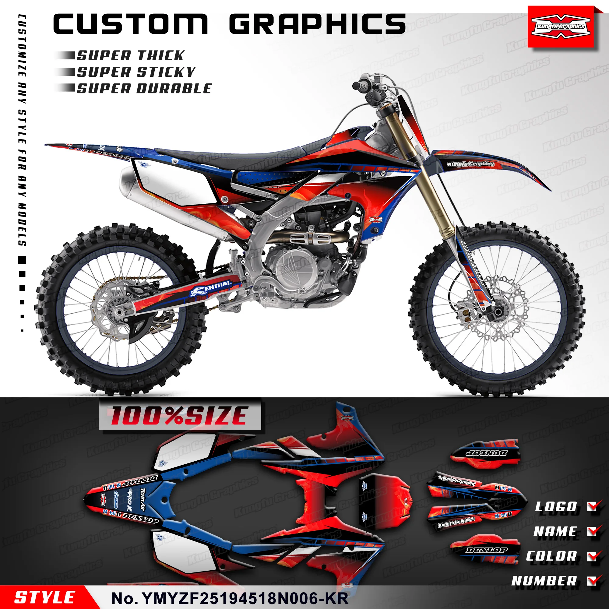 

KUNGFU, графика мотоцикла, ламинированные наклейки для Yamaha YZ250F 19-23 YZ450F 18-22, YMYZF25194518N006-KR