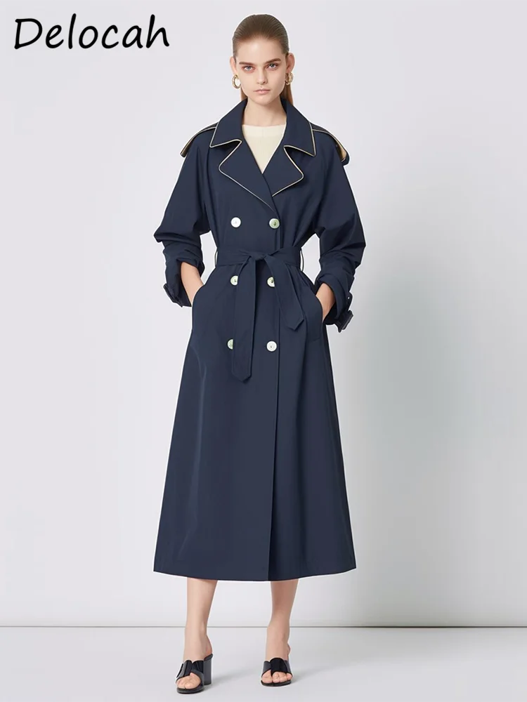 

Delocah High Quality Autumn Women Fashion Runway Trench Coats Long Sleeve Belt Single Breasted Solid Color Print Coats Overcoat