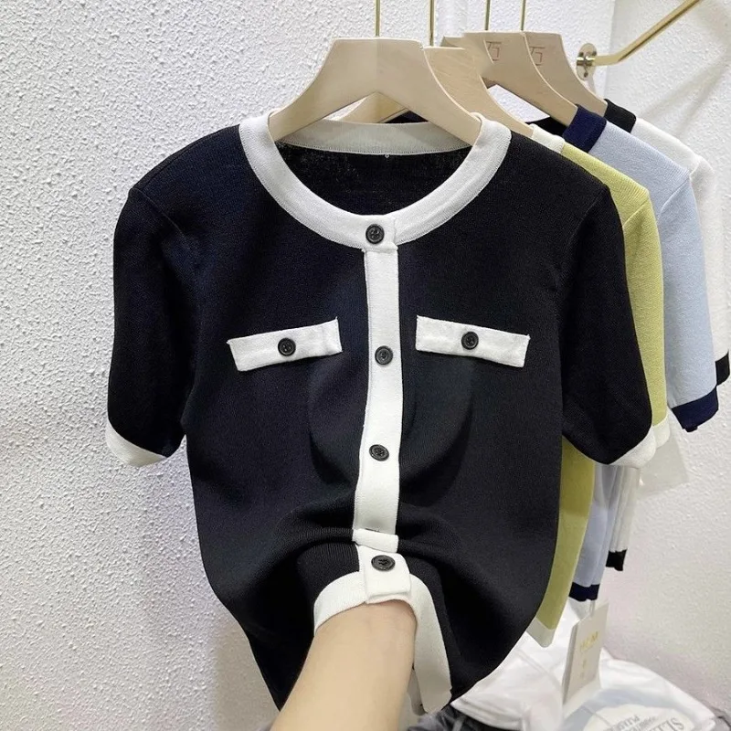 2024 Summer New Knitted Fashion Versatile Thin Women's Loose Contrast Color Spliced Button Crew Neck Short Sleeve T-shirts Tops