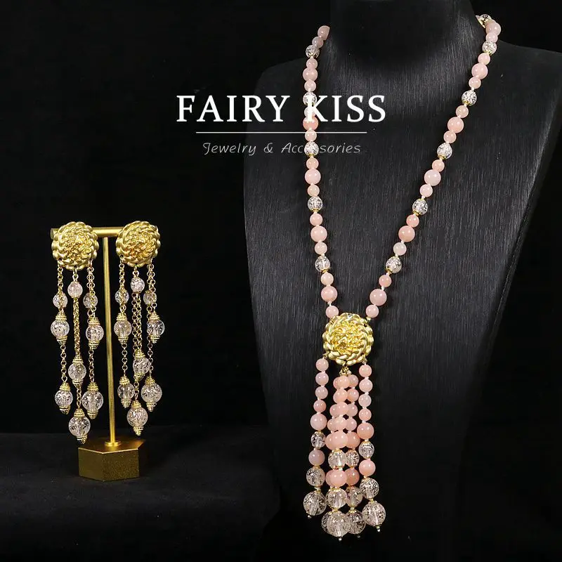 

French Stone Tassel Earrings Necklace Electroplated With True Gold Versatile Elegant And Sweet Pink Set