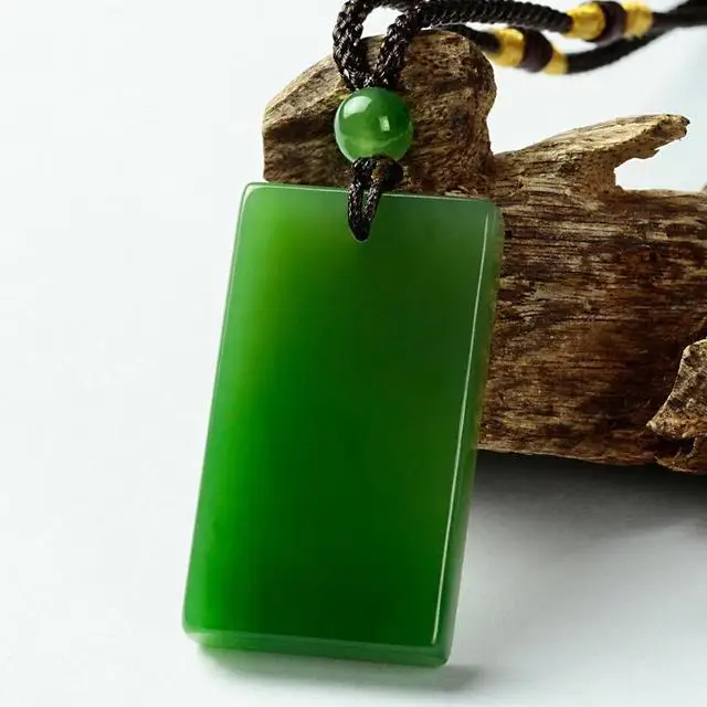 Natural Green Jade Rectangular Smooth Necklace Pendant Women Men Genuine Hetian Chain Jewelry Charms Amulet Gifts