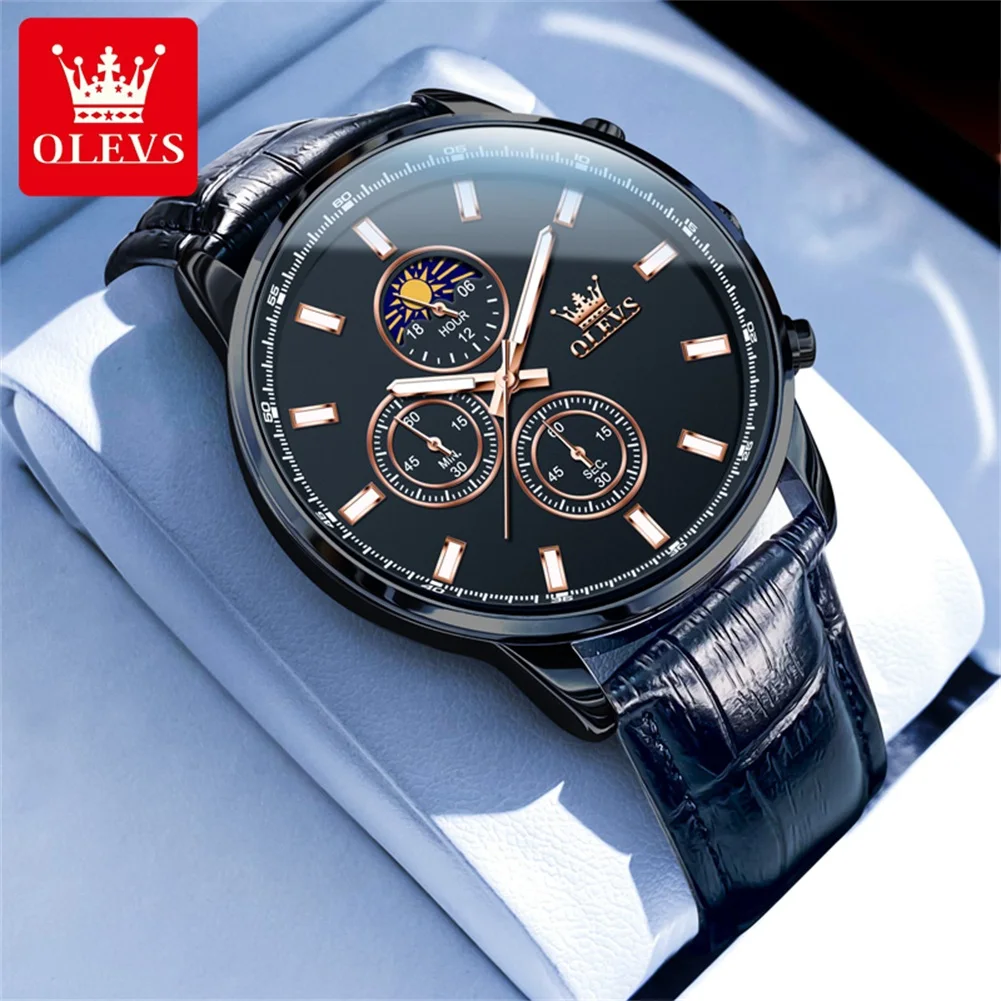 OLEVS Fashion Chronograph Quartz Watch for Men Leather Strap Waterproof Calendar Moon Phases Mens Watches Top Brand Luxury Clock