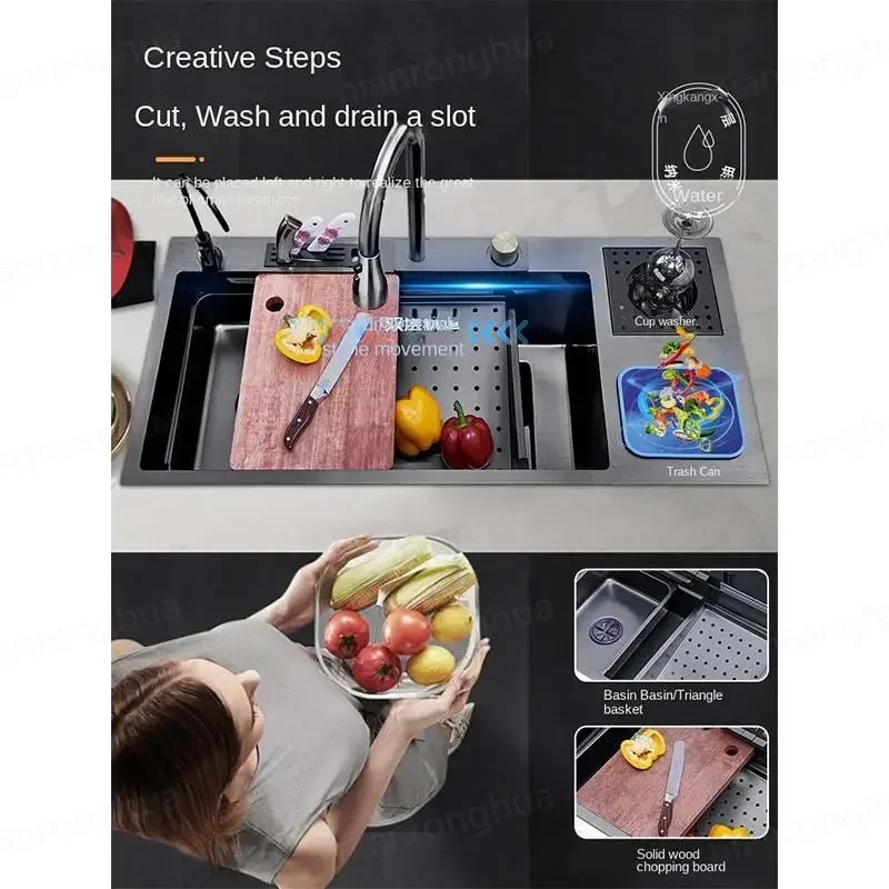 Garbage Can Honeycomb Waterfall Sink Kitchen Stainless Steel Topmount Sink Large Single Slot Wash Basin with Waterfall Faucet