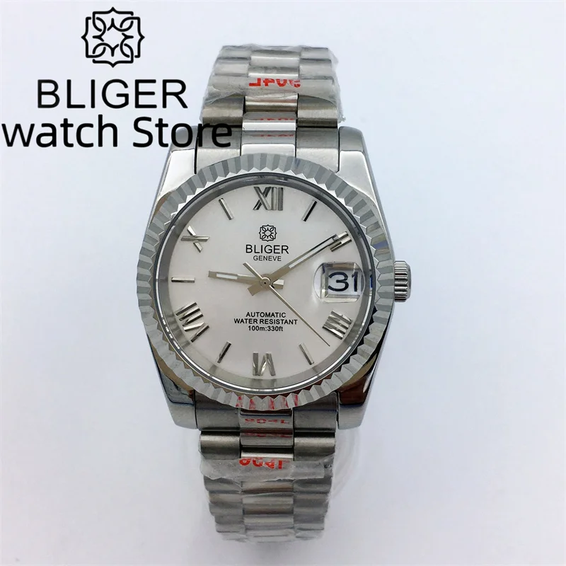 BLIGER NH35A Mechanical Watch for Men Presidential/Jubilee Bracelet 36mm/39mm Fluted Bezel Sapphire glass Roman numerals  dial