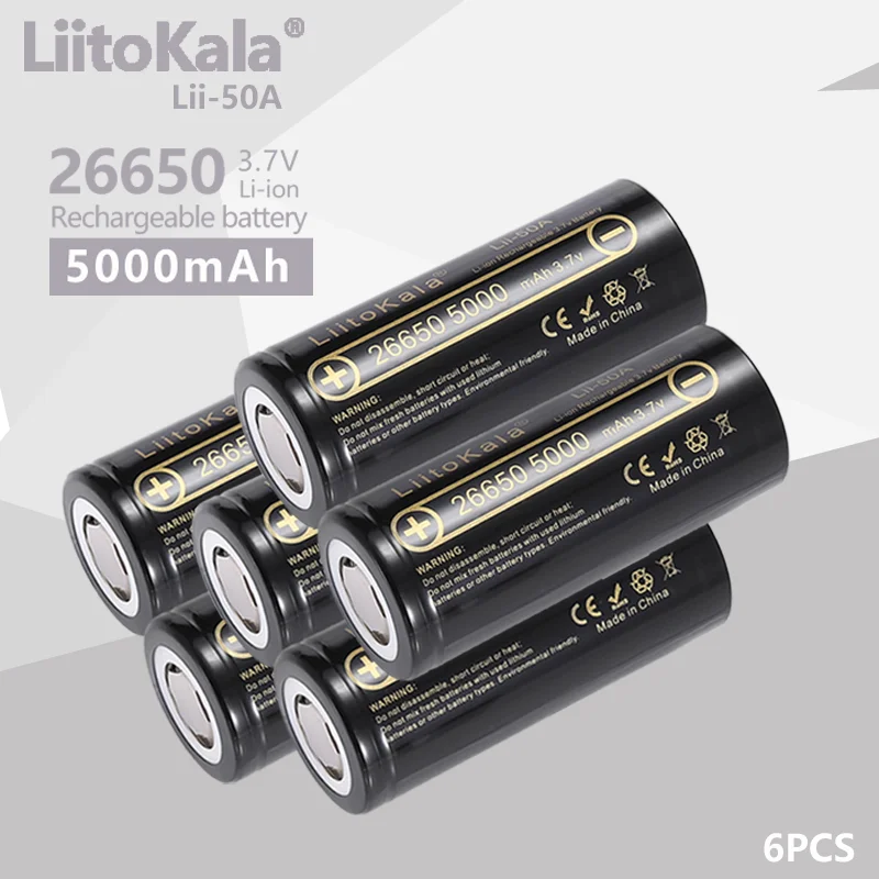 6 Pz Liitokala Lii-50A 26650 5000Mah Batteria Al Litio 3.7V 5000Mah 26650 Batteria Ricaricabile 26650-50A Adatto Per Flashligh